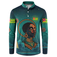 Togo Futuristic Afrocentric Woman Button Sweatshirt with Flag and Stars Design