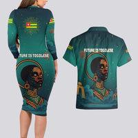 Togo Futuristic Afrocentric Woman Couples Matching Long Sleeve Bodycon Dress and Hawaiian Shirt with Flag and Stars Design