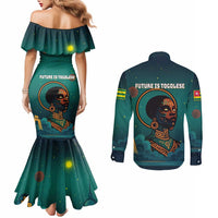 Togo Futuristic Afrocentric Woman Couples Matching Mermaid Dress and Long Sleeve Button Shirt with Flag and Stars Design