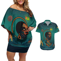 Togo Futuristic Afrocentric Woman Couples Matching Off Shoulder Short Dress and Hawaiian Shirt with Flag and Stars Design