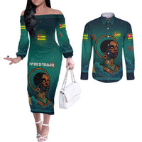 Togo Futuristic Afrocentric Woman Couples Matching Off The Shoulder Long Sleeve Dress and Long Sleeve Button Shirt with Flag and Stars Design