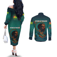Togo Futuristic Afrocentric Woman Couples Matching Off The Shoulder Long Sleeve Dress and Long Sleeve Button Shirt with Flag and Stars Design