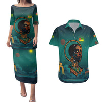 Togo Futuristic Afrocentric Woman Couples Matching Puletasi and Hawaiian Shirt with Flag and Stars Design