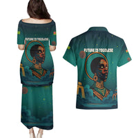 Togo Futuristic Afrocentric Woman Couples Matching Puletasi and Hawaiian Shirt with Flag and Stars Design