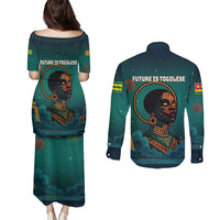 Togo Futuristic Afrocentric Woman Couples Matching Puletasi and Long Sleeve Button Shirt with Flag and Stars Design