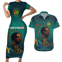 Togo Futuristic Afrocentric Woman Couples Matching Short Sleeve Bodycon Dress and Hawaiian Shirt with Flag and Stars Design