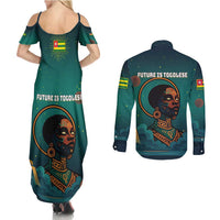 Togo Futuristic Afrocentric Woman Couples Matching Summer Maxi Dress and Long Sleeve Button Shirt with Flag and Stars Design