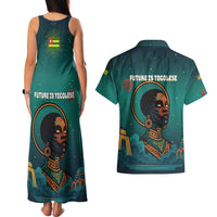 Togo Futuristic Afrocentric Woman Couples Matching Tank Maxi Dress and Hawaiian Shirt with Flag and Stars Design