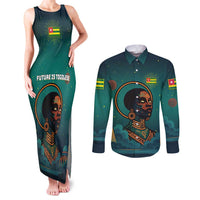 Togo Futuristic Afrocentric Woman Couples Matching Tank Maxi Dress and Long Sleeve Button Shirt with Flag and Stars Design