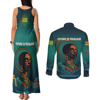 Togo Futuristic Afrocentric Woman Couples Matching Tank Maxi Dress and Long Sleeve Button Shirt with Flag and Stars Design