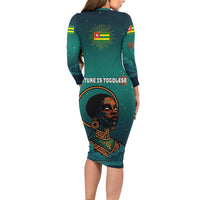 Togo Futuristic Afrocentric Woman Family Matching Long Sleeve Bodycon Dress and Hawaiian Shirt with Flag and Stars Design