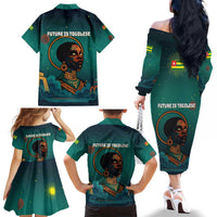 Togo Futuristic Afrocentric Woman Family Matching Off The Shoulder Long Sleeve Dress and Hawaiian Shirt with Flag and Stars Design