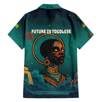 Togo Futuristic Afrocentric Woman Family Matching Off The Shoulder Long Sleeve Dress and Hawaiian Shirt with Flag and Stars Design