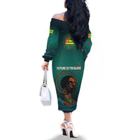 Togo Futuristic Afrocentric Woman Family Matching Off The Shoulder Long Sleeve Dress and Hawaiian Shirt with Flag and Stars Design
