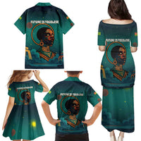 Togo Futuristic Afrocentric Woman Family Matching Puletasi and Hawaiian Shirt with Flag and Stars Design