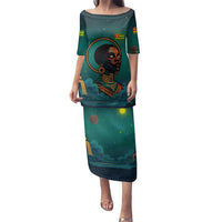 Togo Futuristic Afrocentric Woman Family Matching Puletasi and Hawaiian Shirt with Flag and Stars Design