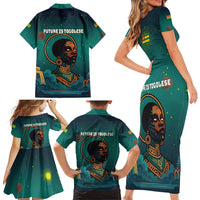 Togo Futuristic Afrocentric Woman Family Matching Short Sleeve Bodycon Dress and Hawaiian Shirt with Flag and Stars Design