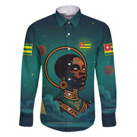 Togo Futuristic Afrocentric Woman Family Matching Short Sleeve Bodycon Dress and Hawaiian Shirt with Flag and Stars Design