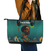 Togo Futuristic Afrocentric Woman Leather Tote Bag with Flag and Stars Design