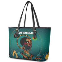 Togo Futuristic Afrocentric Woman Leather Tote Bag with Flag and Stars Design