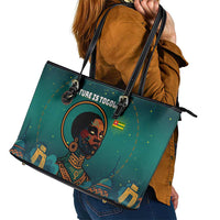 Togo Futuristic Afrocentric Woman Leather Tote Bag with Flag and Stars Design