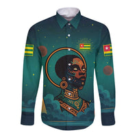 Togo Futuristic Afrocentric Woman Long Sleeve Button Shirt with Flag and Stars Design