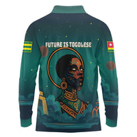 Togo Futuristic Afrocentric Woman Long Sleeve Polo Shirt with Flag and Stars Design