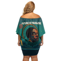 Togo Futuristic Afrocentric Woman Off Shoulder Short Dress with Flag and Stars Design