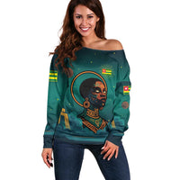Togo Futuristic Afrocentric Woman Off Shoulder Sweater with Flag and Stars Design