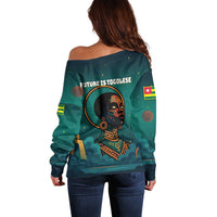 Togo Futuristic Afrocentric Woman Off Shoulder Sweater with Flag and Stars Design