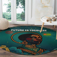 Togo Futuristic Afrocentric Woman Round Carpet with Flag and Stars Design