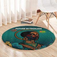 Togo Futuristic Afrocentric Woman Round Carpet with Flag and Stars Design