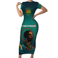 Togo Futuristic Afrocentric Woman Short Sleeve Bodycon Dress with Flag and Stars Design