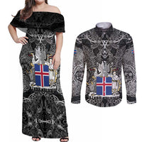 Icelandic Coat of Arms Couples Matching Off Shoulder Maxi Dress and Long Sleeve Button Shirt Viking Knotwork and National Flag Design
