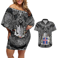 Icelandic Coat of Arms Couples Matching Off Shoulder Short Dress and Hawaiian Shirt Viking Knotwork and National Flag Design