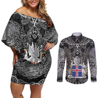 Icelandic Coat of Arms Couples Matching Off Shoulder Short Dress and Long Sleeve Button Shirt Viking Knotwork and National Flag Design
