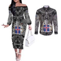 Icelandic Coat of Arms Couples Matching Off The Shoulder Long Sleeve Dress and Long Sleeve Button Shirt Viking Knotwork and National Flag Design