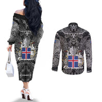 Icelandic Coat of Arms Couples Matching Off The Shoulder Long Sleeve Dress and Long Sleeve Button Shirt Viking Knotwork and National Flag Design