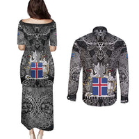 Icelandic Coat of Arms Couples Matching Puletasi and Long Sleeve Button Shirt Viking Knotwork and National Flag Design