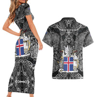 Icelandic Coat of Arms Couples Matching Short Sleeve Bodycon Dress and Hawaiian Shirt Viking Knotwork and National Flag Design