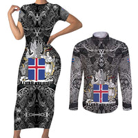 Icelandic Coat of Arms Couples Matching Short Sleeve Bodycon Dress and Long Sleeve Button Shirt Viking Knotwork and National Flag Design