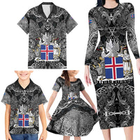 Icelandic Coat of Arms Family Matching Long Sleeve Bodycon Dress and Hawaiian Shirt Viking Knotwork and National Flag Design