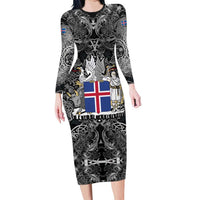Icelandic Coat of Arms Family Matching Long Sleeve Bodycon Dress and Hawaiian Shirt Viking Knotwork and National Flag Design