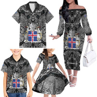 Icelandic Coat of Arms Family Matching Off The Shoulder Long Sleeve Dress and Hawaiian Shirt Viking Knotwork and National Flag Design