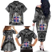 Icelandic Coat of Arms Family Matching Off The Shoulder Long Sleeve Dress and Hawaiian Shirt Viking Knotwork and National Flag Design