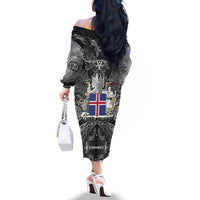 Icelandic Coat of Arms Family Matching Off The Shoulder Long Sleeve Dress and Hawaiian Shirt Viking Knotwork and National Flag Design