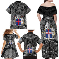 Icelandic Coat of Arms Family Matching Off Shoulder Maxi Dress and Hawaiian Shirt Viking Knotwork and National Flag Design