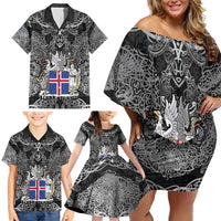 Icelandic Coat of Arms Family Matching Off Shoulder Short Dress and Hawaiian Shirt Viking Knotwork and National Flag Design