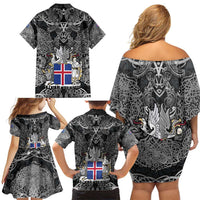 Icelandic Coat of Arms Family Matching Off Shoulder Short Dress and Hawaiian Shirt Viking Knotwork and National Flag Design