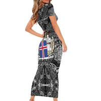 Icelandic Coat of Arms Family Matching Short Sleeve Bodycon Dress and Hawaiian Shirt Viking Knotwork and National Flag Design